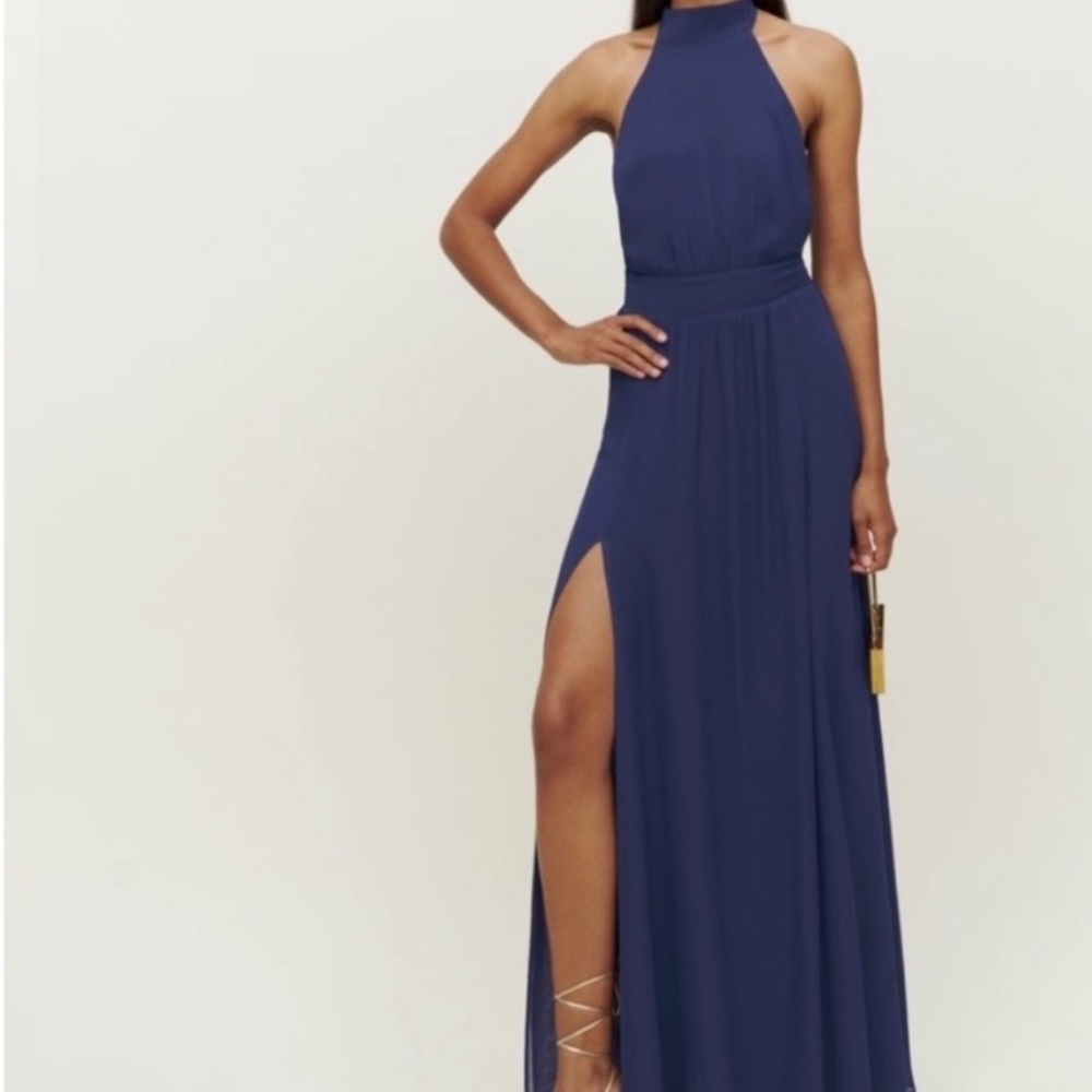 Reformation Andee Navy Blue Halter Maxi Dress